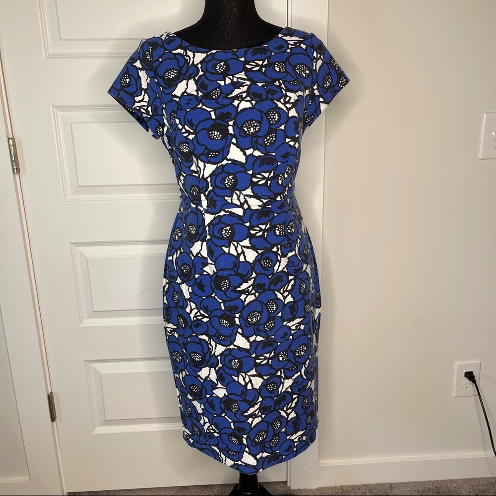 TALBOTS Blue & White Floral Ponte Fitted Midi Dress - Picture 3 of 10